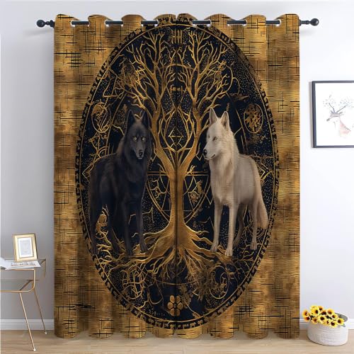 Vorhang Blickdicht Thermovorhang Wikinger-Goldfolie Muster Gardinen Wohnzimmer Vorhänge Geräuschreduzierung Dekoration für Schlafzimmer Fenster Goldener und dunkelbrauner Hintergrund 260 x 140 cm von CozyRest