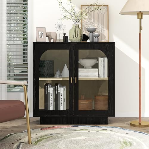 CozyVeils Holzschrank – Modernes durchsichtiges Sideboard mit verstellbaren Regalen, Aufbewahrungsorganizer mit Acryltür für Wohnzimmer, Eingangsbereich und Schlafzimmer (Schwarz) von CozyVeils