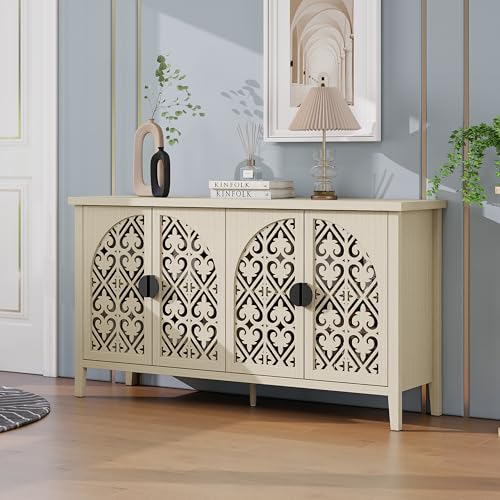 Sideboard mit 4 Türen und Holzlatten – belüfteter Lagerschrank mit verstellbaren Regalen, moderner durchbrochener Konsolentisch für die Organisation von Wohnzimmer, Eingangsbereich und Schlafzimmer Sideboard mit 4 Türen und Holzlatten – belüfteter Lagerschrank mit verstellbaren Regalen, moderner durchbrochener Konsolentisch für die Organisation von Wohnzimmer, Eingangsbereich und Schlafzimmer von CozyVeils