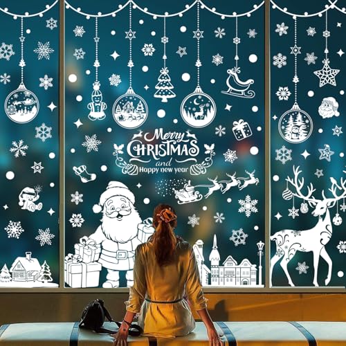 202 Stück Fensteraufkleber Weihnachten Fensterbilder Schneeflocke Rentier Fensterbilder Weihnachten Selbstklebend Schneeflocken Fensterdeko Weihnachten PVC Weihnachtsdeko von Cozyan