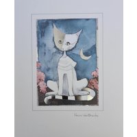 Rosina Wachtmeister "White Cat' Silberfolie Kunstdruck, 1987 von CozycatVintageShop