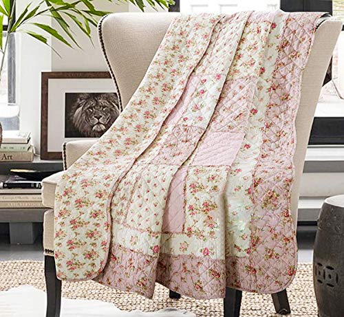 Cozyholy Original 100% Baumwolle Patchwork Quilt Pink Floral Tagesdecke Coverlet Reversible Vintage Shabby Chic Quilted Throw Blanket Bed Quilt Cover for Couch Sofa von Cozyholy