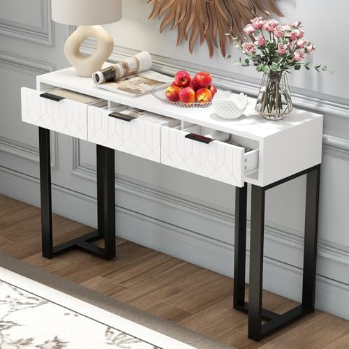 Cozykimo Konsolentisch mit 3 Schubladen, 120 cm Konsolentisch Schmal Schwarz, Flurtisch, Eingangstisch mit Verstellbaren Füßen, Konsole Hinter dem Sofa, Metall für Eingang, Flur (Black) von Cozykimo