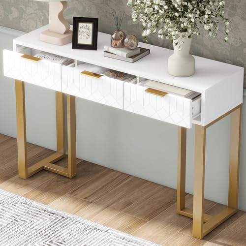 Cozykimo Konsolentisch mit 3 Schubladen, 120 cm Konsolentisch Schmal Schwarz, Flurtisch, Eingangstisch mit Verstellbaren Füßen, Konsole Hinter dem Sofa, Metall für Eingang, Flur (Gold) von Cozykimo