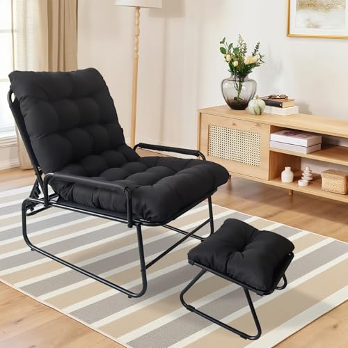 Relaxsessel mit Hocker, Balkonsessel mit Verstellbarer Rückenlehne, Lesestuhl, Liegesessel Wohnzimmer Loungesessel mit Metallrahmen und Dickem Kissen fürs Wohnzimmer, Schlafzimmer, Balkon (Black) von Cozykimo