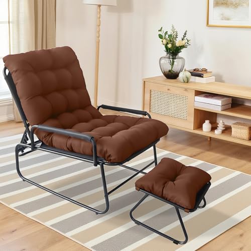 Relaxsessel mit Hocker, Balkonsessel mit Verstellbarer Rückenlehne, Lesestuhl, Liegesessel Wohnzimmer Loungesessel mit Metallrahmen und Dickem Kissen fürs Wohnzimmer, Schlafzimmer, Balkon (Brown) von Cozykimo