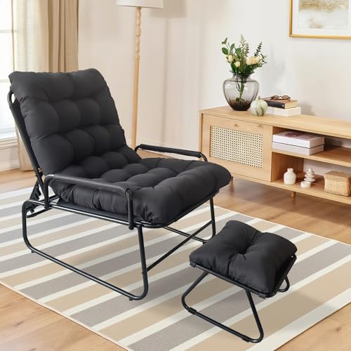 Relaxsessel mit Hocker, Balkonsessel mit Verstellbarer Rückenlehne, Lesestuhl, Liegesessel Wohnzimmer Loungesessel mit Metallrahmen und Dickem Kissen fürs Wohnzimmer, Schlafzimmer, Balkon (Gray) von Cozykimo