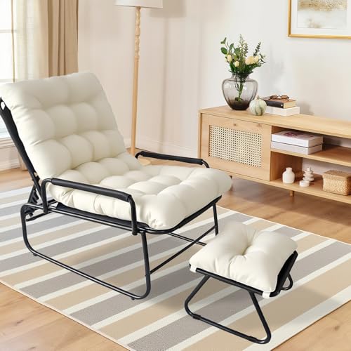 Relaxsessel mit Hocker, Balkonsessel mit Verstellbarer Rückenlehne, Lesestuhl, Liegesessel Wohnzimmer Loungesessel mit Metallrahmen und Dickem Kissen fürs Wohnzimmer, Schlafzimmer, Balkon (White) von Cozykimo