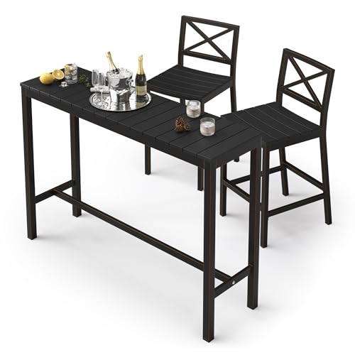 Cozyman Outdoor-Barhöhe, Tisch und Stühle, 3-teiliges schwarzes Aluminium-Terrassen-Bar-Set mit 140 cm HDPS-Lattenrost und 2 armlosen Barhockern für Balkon, Pool, Hof von Cozyman