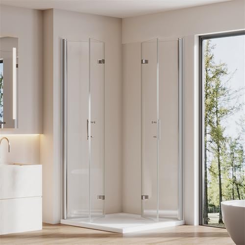 Cozynest Duschkabine Eckeinstieg 90x90cm Eckdusche mit Drehfalttür, Doppelte Faltbare Duschtür, 180º Duschabtrennung Duschwand aus 6mm ESG Sicherheitsglas mit Nano-Beschichtung, Höhe 195cm von Cozynest