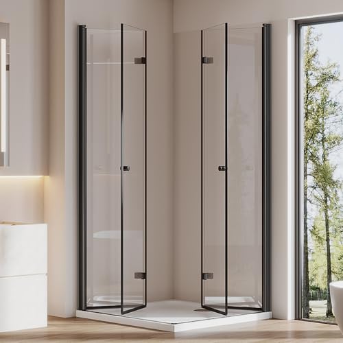 Cozynest Duschkabine Schwarz 70x70cm Eckeinstieg Eckdusche mit Drehfalttür, Doppelte Faltbare Duschtür 180º Duschwand Duschabtrennung aus 6mm ESG Sicherheitsglas Höhe 185cm von Cozynest