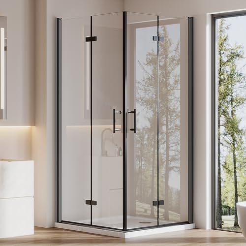 Cozynest Duschkabine Schwarz 90x100cm Eckeinstieg Eckdusche mit Drehfalttür, Doppelte Faltbare Duschtür 180º Duschwand Duschabtrennung aus 6mm ESG Sicherheitsglas mit Nano-Beschichtung Höhe 195cm von Cozynest