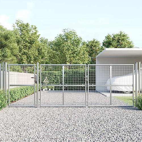 Cozynest Mesh-Gartentor Silbern 400x175 cm Verzinkter Stahl Mesh Abschließbare Gartentür Hoftür mit Riegel, Gartenpforte Doppelflügel Tor, Zauntor Zauntür von Cozynest