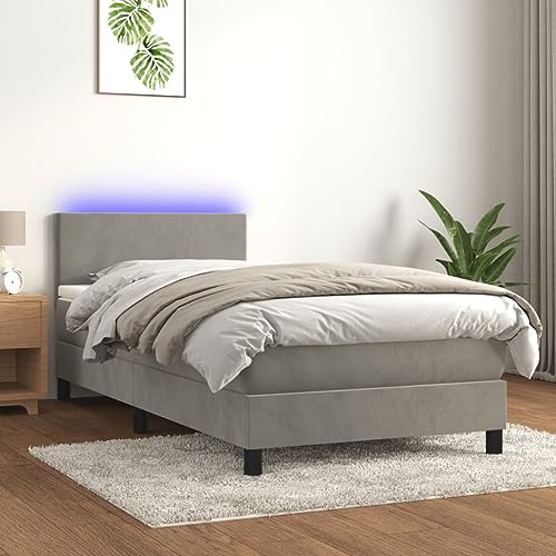 Cozynest Polsterbett Bett Einzelbett Bettrahmen Bettgestell Lattenrost Hotelbett Schlafzimmerbett Boxspringbett mit Matratze & LED Hellgrau 100x200 cm Samt von Cozynest