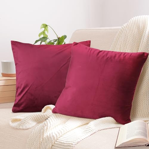 2er Set Kissenbezug 45x45 cm rot Samt flauschig weich Sofakissen Dekokissenbezug Kissenhülle für Couch, Schlafzimmer, Wohnzimmer & Balkon, Bordeaux Berry, mit verstecktem Reißverschluss von Cozyor