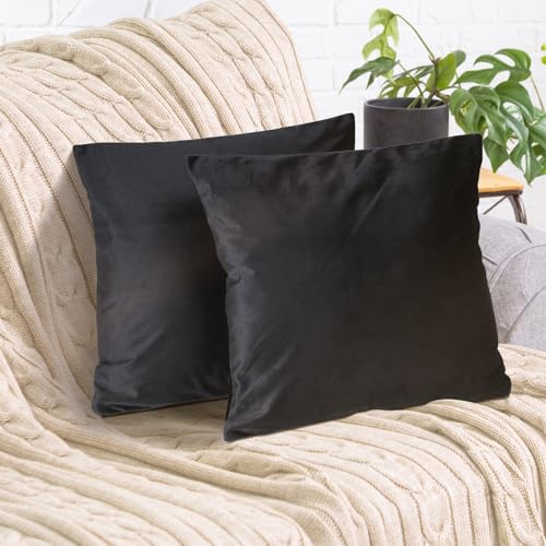 2er Set Kissenbezug 45x45 cm schwarz Samt flauschig weich Sofakissen Dekokissenbezug Kissenhülle für Couch, Schlafzimmer, Wohnzimmer & Balkon, Eclipse, mit verstecktem Reißverschluss von Cozyor