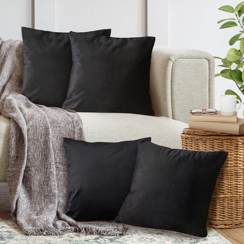 4er Set Sofakissen mit Füllung und Bezug 45x45cm weiche Kissenhülle mit Dekokissen Couchkissen für Sofa, Schlafzimmer, Wohnzimmer, Balkon, schwarz Eclipse, flauschig, mit verstecktem Reißverschluss von Cozyor