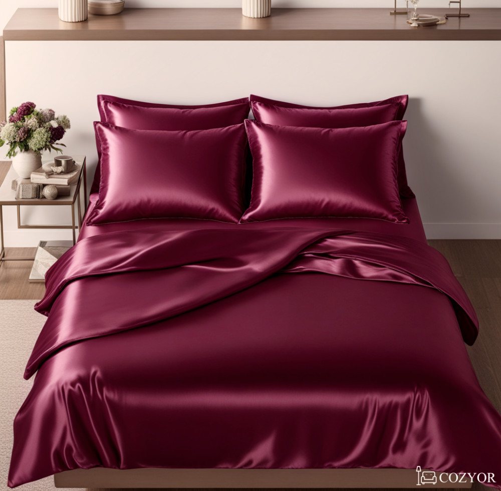 Bettwäsche Satin glänzend 135x200, 155x200, 155x220, 200x200cm mit Reißverschluss, Cozyor, Satin, bordeaux Berry, 3 teilig, glänzend Satin, Bettbezug + Kissenbezug 80x80, besonders weich von Cozyor