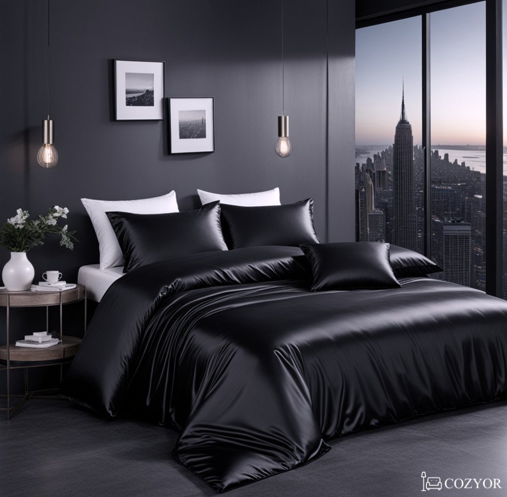 Bettwäsche Satin glänzend 135x200, 155x200, 155x220, 200x200cm mit Reißverschluss, Cozyor, Satin, schwarz Eclipse, 3 teilig, glänzend Satin, Bettbezug + Kissenbezug 80x80, besonders weich von Cozyor