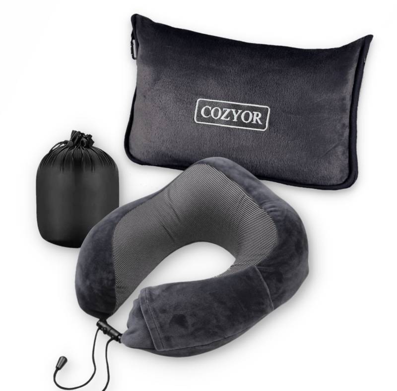 Cozyor Nackenstützkissen Memory Nackenkissen mit verstellbarem Verschluss + praktischer Tasche, Bezug: waschbarer Bezug, Set, Reise-Set mit Reisedecke & Nackenkissen wahlweise mit Augenmaske von Cozyor