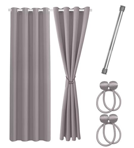 Cozyor Praktisches Set ohne Bohren: 2X Vorhang + 1x Klemmstange Silber 111-200 cm + 2X Raffhalter mit Magnet Blickdicht & verdunkelnd, als Raumteiler, Fenster & Tür Hellgrau Thermovorhang 220x135cm von Cozyor