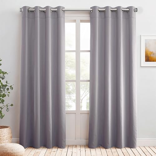 Praktisches Set ohne Bohren: 2x Vorhang + 1x Klemmstange silber 70-120 cm + 2x Raffhalter mit Magnet blickdicht & verdunkelnd, als Raumteiler, Fenster & Tür Hellgrau Thermovorhang 240x135cm von Cozyor
