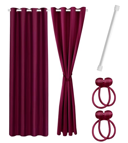 Cozyor Praktisches Set ohne Bohren: 2X Vorhang + 1x Klemmstange 111-200 cm + 2X Raffhalter mit Magnet Blickdicht & verdunkelnd, als Raumteiler, Fenster & Tür Rot Bordeaux Thermovorhang 240x135cm von Cozyor
