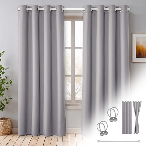 Cozyor Praktisches Set ohne Bohren: 2X Vorhang + 1x Klemmstange 70-120 cm + 2X Raffhalter mit Magnet Blickdicht & verdunkelnd, als Raumteiler, Fenster & Tür Hellgrau Thermovorhang 220x135cm von Cozyor