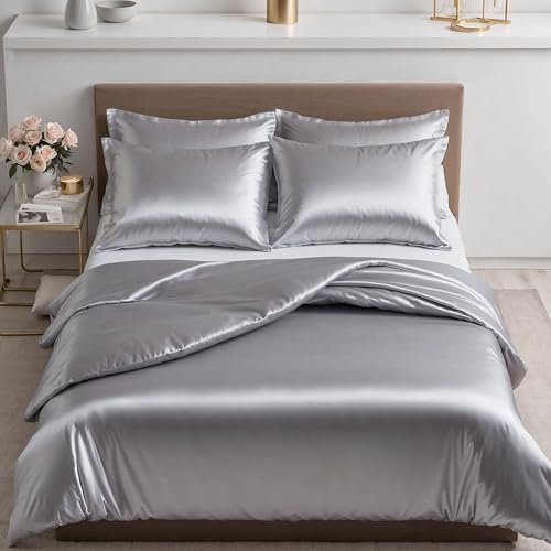 Cozyor Satin Bettwäsche 155x220 extra dick und weich mit robustem Reißverschluss 2X Kissenbezug 40x80 cm, edles Satin 3-teilig, hellgrau Moonlight Cozyor Satin Bettwäsche 155x220 extra dick und weich mit robustem Reißverschluss 2X Kissenbezug 40x80 cm, edles Satin 3-teilig, hellgrau Moonlight von Cozyor