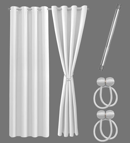 Cozyor Set ohne Bohren: 2X Vorhang + 1x Klemmstange Silber 111-200 cm + 2X Raffhalter mit Magnet Blickdicht, als Raumteiler, Fenster & Tür Weiß Thermovorhang 175x135cm von Cozyor