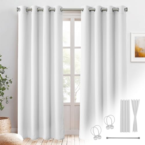 Praktisches Set ohne Bohren: 2x Vorhang + 1x Klemmstange silber 70-120 cm + 2x Raffhalter mit Magnet blickdicht, als Raumteiler, Fenster & Tür Weiß Thermovorhang 240x135cm von Cozyor