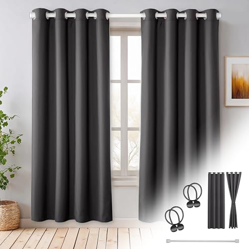 Cozyor Praktisches Set ohne Bohren: 2X Vorhang + 1x Klemmstange 70-120 cm + 2X Raffhalter mit Magnet Blickdicht & verdunkelnd, als Raumteiler, Fenster & Tür Anthrazit Thermovorhang 200x135cm von Cozyor