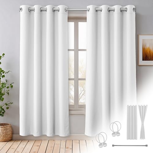 Praktisches Set ohne Bohren: 2x Vorhang + 1x Klemmstange + 2x Raffhalter mit Magnet blickdicht als Raumteiler, Fenster & Tür silber Weiß Thermovorhang 200x135cm von Cozyor