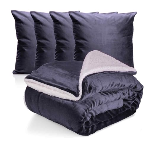 Set: 1x warme Kuscheldecke XL + 4X Sofakissen Samt 45x45cm weiche Sherpadecke flauschig 150x200cm, hochwertige Tagesdecke grau anthrazit Dekokissen für Sofa, Schlafzimmer, Wohnzimmer & Balkon von Cozyor