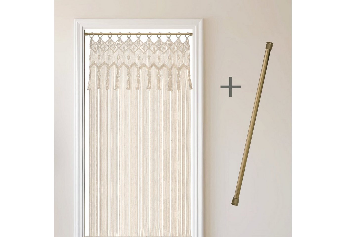 Cozyor Vorhang Makramee 132 x 200 cm mit Vorhangstange 70-120 cm, Boho Gardine (1 St), Ösen, Baumwolle, Raumteiler beige Driftwood, Boho Wandteppich, Türvorhang handgemacht von Cozyor