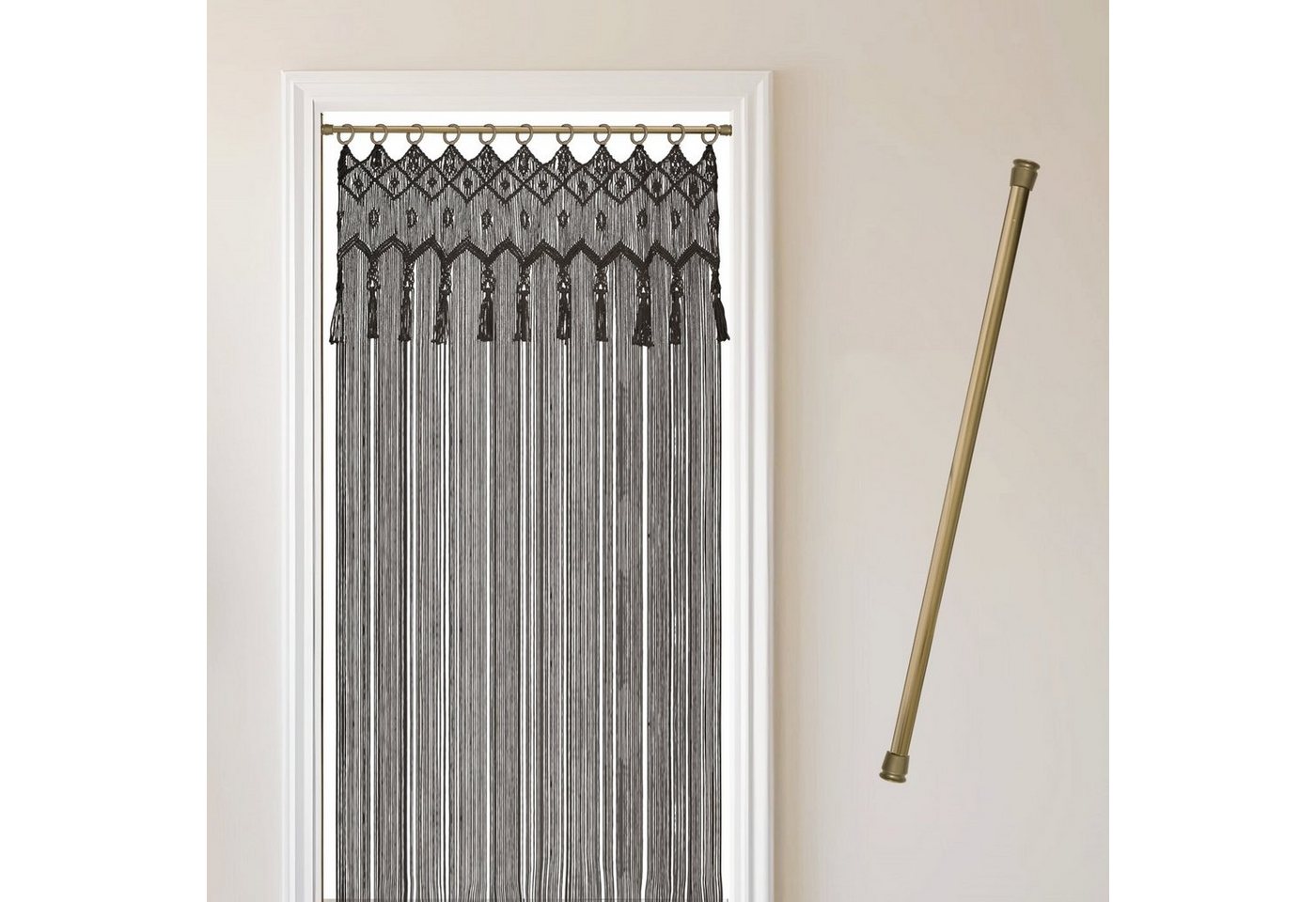 Cozyor Vorhang Makramee 132 x 200 cm mit Vorhangstange 70-120 cm, Boho Gardine (1 St), Ösen, Baumwolle, Raumteiler schwarz Eclipse, Boho Wandteppich, Türvorhang handgemacht von Cozyor