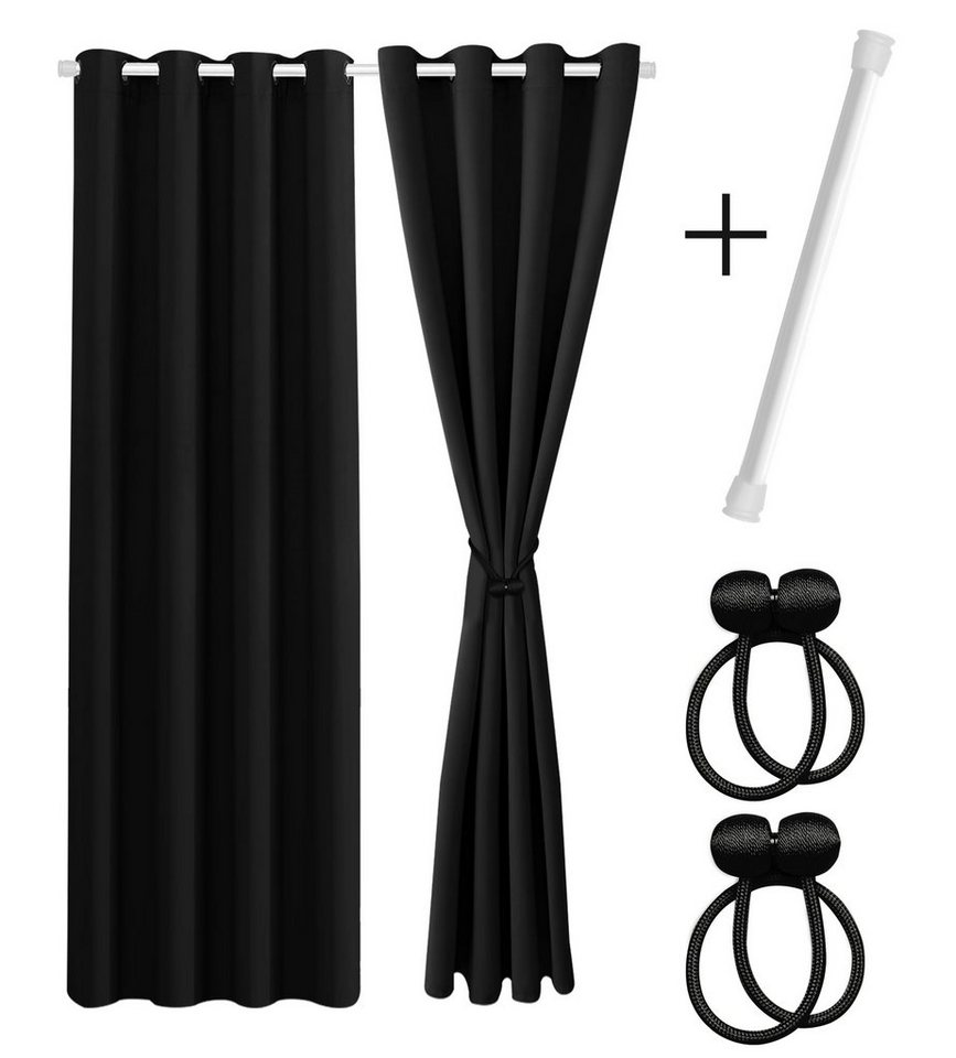 Cozyor Vorhang Set mit 2x Gardine + 2x Vorhanghalter + 1x Gardinenstange ohne Bohren, Ösen (2 St), verdunkelnd, Mikrofaser Polyester, schwarz Eclipse, Raumteiler blickdicht, Thermovorhang 240x135cm inklusive Magnethaltern von Cozyor