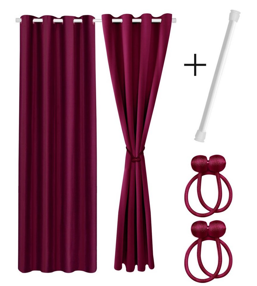 Vorhang Set mit 2x Gardine + 2x Vorhanghalter + 1x Gardinenstange ohne Bohren, Cozyor, Ösen (2 St), verdunkelnd, Polyester, blickdicht bordeaux Berry, Thermo Gardine 200x135 cm mit Magnethalter, Flur & Fenster von Cozyor