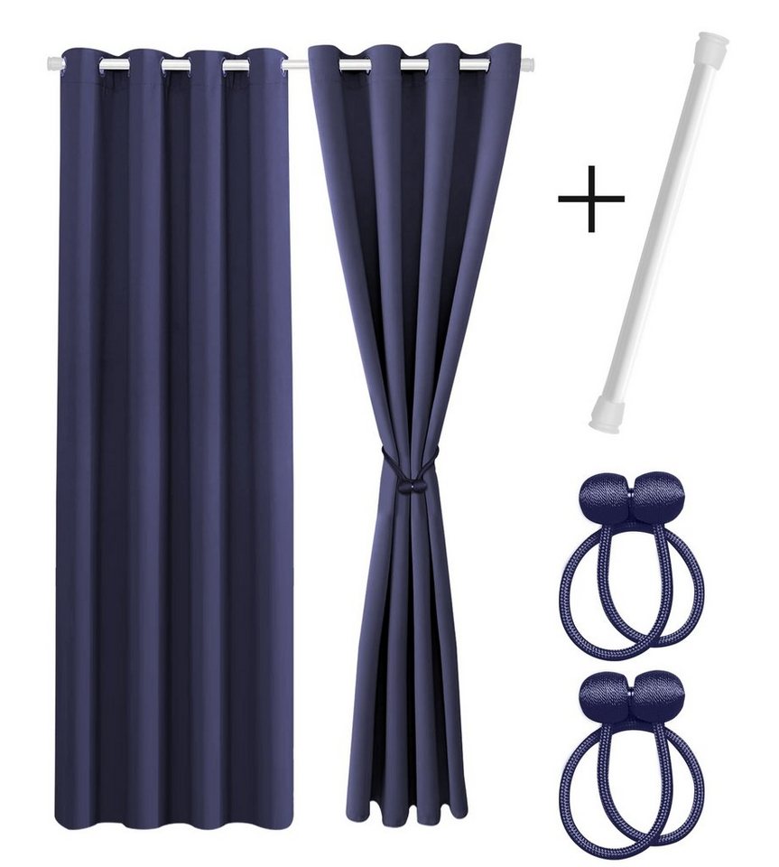 Vorhang Set mit 2x Gardine + 2x Vorhanghalter + 1x Gardinenstange ohne Bohren, Cozyor, Ösen (2 St), verdunkelnd, Polyester, blickdicht dunkelblau Ocean, Thermo Gardine 175x135 cm mit Magnethalter, Flur & Fenster von Cozyor