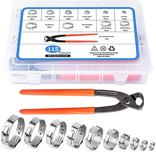 Cozywind Einzelohr Stufenlos Schlauchschellen Set mit Zange und 304 Edelstahl 115 STÜCKE Schhlauchklemmen 6mm - 28,6mm mit 9 verschiedene Größen Einzelohrschlauchklemme Crimper Werkzeug Kit von Cozywind