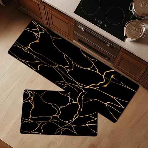 Cozzmats Kitchen Rugs Purple Marble: 2 Pieces Abstract Purple and Gold Kitchen Rug Sets Hallway Home Office, 20"x31.5"+ 20"x59" (Black,20"x31.5" + 20"x47") von Cozzmats