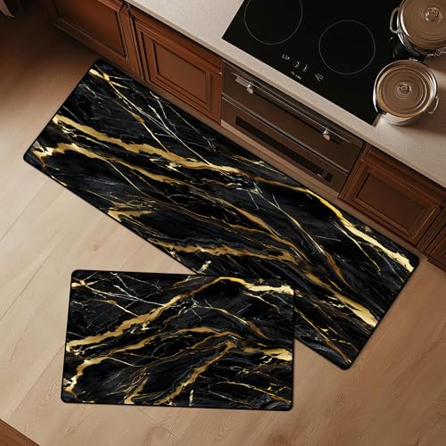 Cozzmats Kitchen Rugs Purple Marble: 2 Pieces Abstract Purple and Gold Kitchen Rug Sets Hallway Home Office, 20"x31.5"+ 20"x59" (Black Marble,20"x31.5" + 20"x47") von Cozzmats
