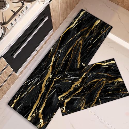Cozzmats Kitchen Rugs Purple Marble: 2 Pieces Abstract Purple and Gold Kitchen Rug Sets Hallway Home Office, 20"x31.5"+ 20"x59" (Black Marble,20"x31.5" + 20"x59") von Cozzmats