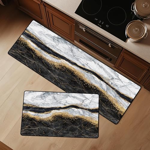 Cozzmats Kitchen Rugs Purple Marble: 2 Pieces Abstract Purple and Gold Kitchen Rug Sets Hallway Home Office, 20"x31.5"+ 20"x59" (Black White Marble,20"x31.5" + 20"x47") von Cozzmats