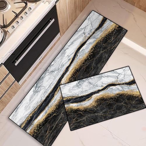 Cozzmats Kitchen Rugs Purple Marble: 2 Pieces Abstract Purple and Gold Kitchen Rug Sets Hallway Home Office, 20"x31.5"+ 20"x59" (Black White Marble,20"x31.5" + 20"x59") von Cozzmats