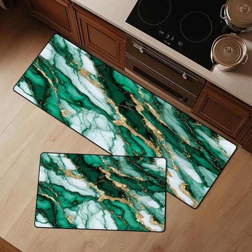 Cozzmats Kitchen Rugs Purple Marble: 2 Pieces Abstract Purple and Gold Kitchen Rug Sets Hallway Home Office, 20"x31.5"+ 20"x59" (Green Gold,20"x31.5" + 20"x47") von Cozzmats