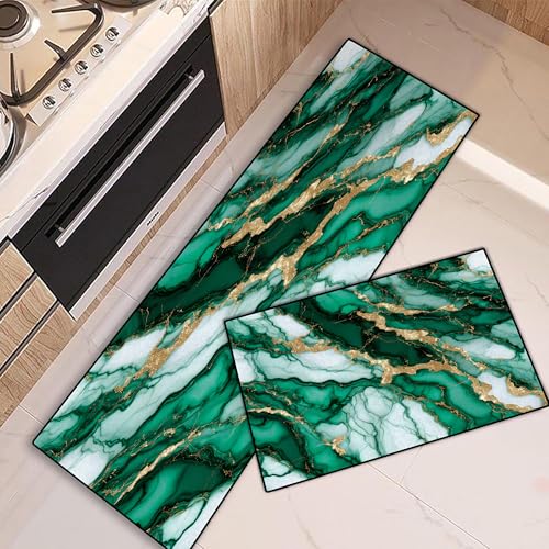 Cozzmats Kitchen Rugs Purple Marble: 2 Pieces Abstract Purple and Gold Kitchen Rug Sets Hallway Home Office, 20"x31.5"+ 20"x59" (Green Gold,20"x31.5" + 20"x59") von Cozzmats