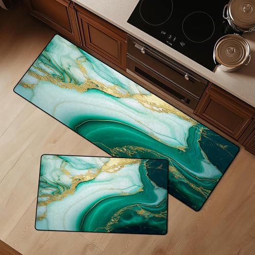 Cozzmats Kitchen Rugs Purple Marble: 2 Pieces Abstract Purple and Gold Kitchen Rug Sets Hallway Home Office, 20"x31.5"+ 20"x59" (Green Marble,20"x31.5" + 20"x47") von Cozzmats