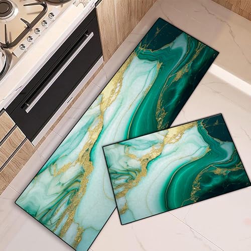 Cozzmats Kitchen Rugs Purple Marble: 2 Pieces Abstract Purple and Gold Kitchen Rug Sets Hallway Home Office, 20"x31.5"+ 20"x59" (Green Marble,20"x31.5" + 20"x59") von Cozzmats