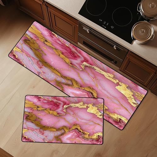 Cozzmats Kitchen Rugs Purple Marble: 2 Pieces Abstract Purple and Gold Kitchen Rug Sets Hallway Home Office, 20"x31.5"+ 20"x59" (Pink Gold,20"x31.5" + 20"x47") von Cozzmats